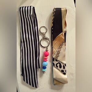 Striped and Patterned Skinny Bag Scarves with Beaded Keychain